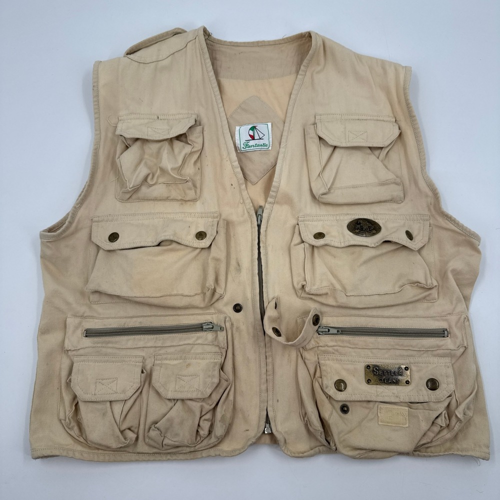 Fantastic Utility Fishing Vest Mens L Tan Multi-Pocket Gorpcore Settler Jeans